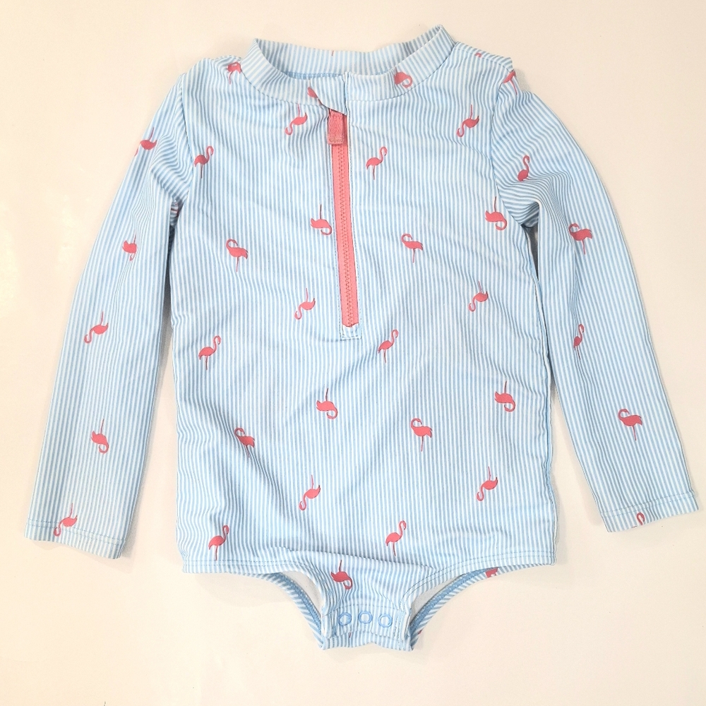 Carters 2T Girls’ Long Sleeve One-Piece Swimsuit – Blue & White Striped